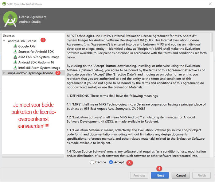 De Android SDK Manager Pakketten installeren en License Agreement